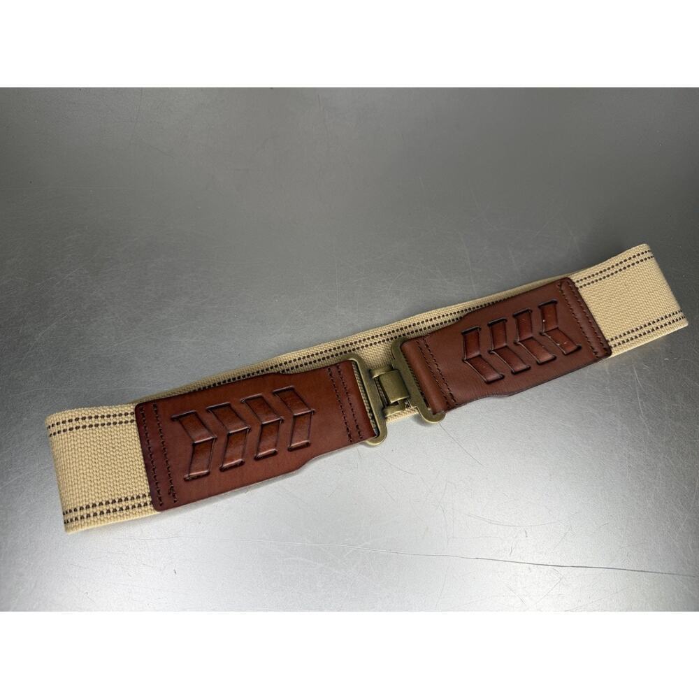 FOSSIL Leather & Tan Fabric Belt Interlock Brass Hook Stretch Women’s S/M